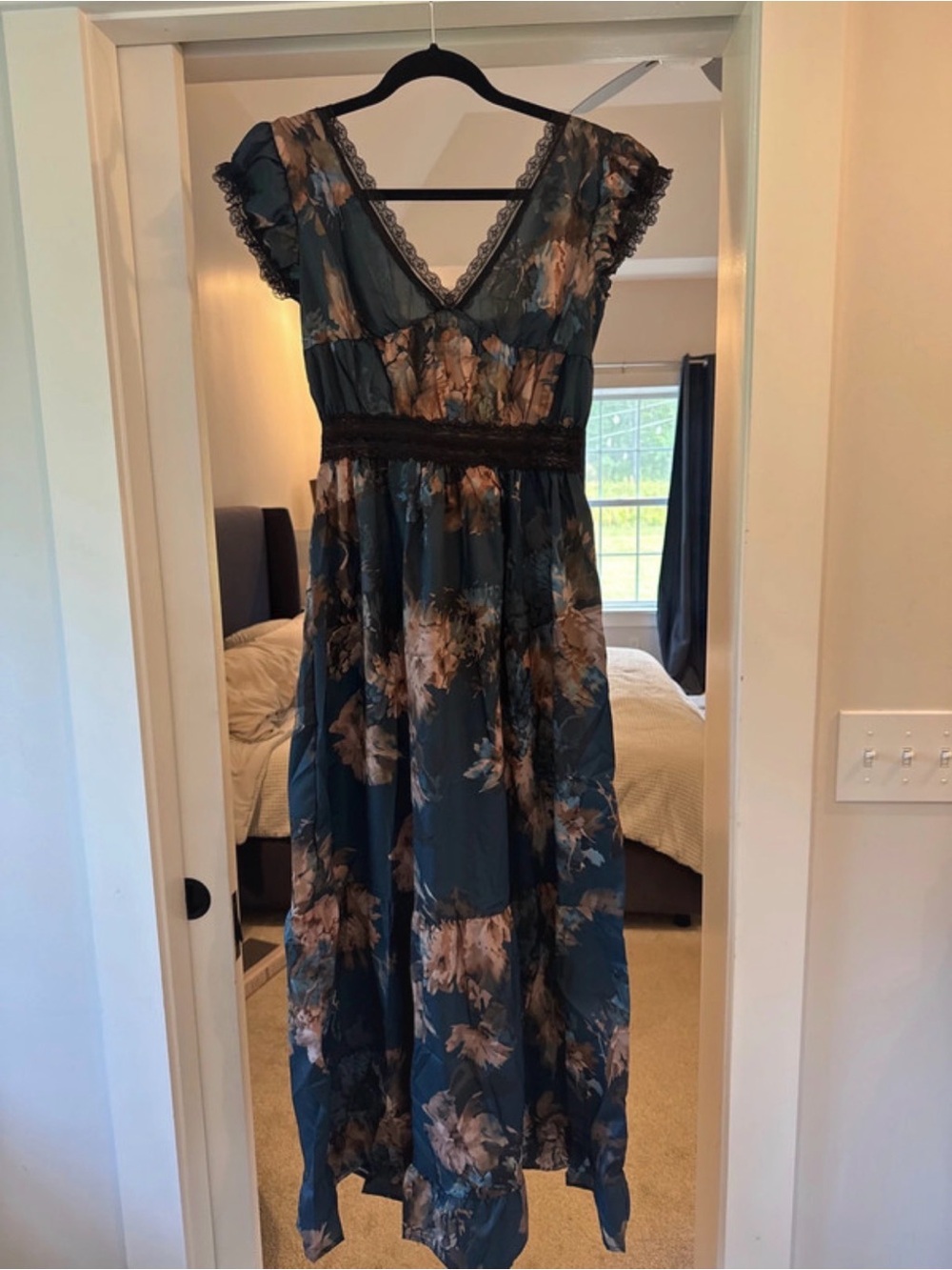 Teal Floral Lace-Trim Maxi Dress